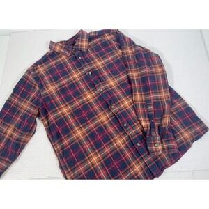 Eddie Bauer Men's Shirt  Large Flannel Orange Navy Blue Plaid Cotton Button Down